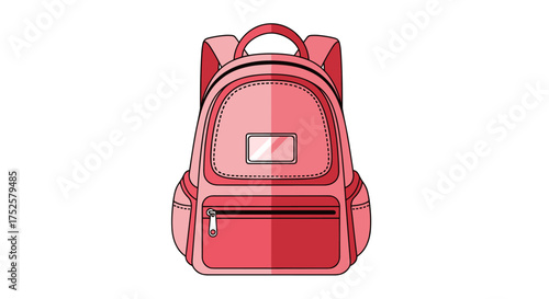 A vibrant pink backpack with multiple compartments and a clear ID window is ready for school.