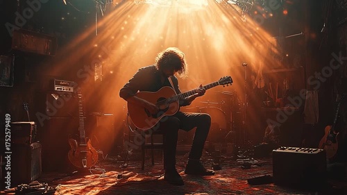 Silhouette of a Musician Playing Acoustic Guitar Under a Warm Spotlight.