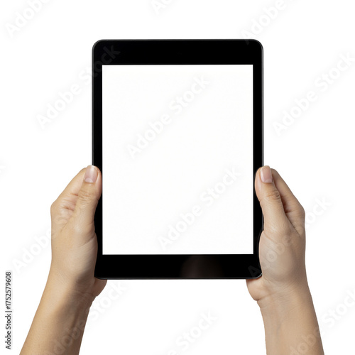 Woman Hand Holding Vertical Tablet with Blank White Screen Mockup — Transparent Background