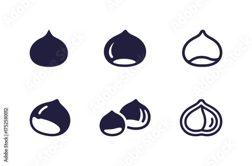 Minimalist Chestnuts Vector Icons Set (Shell & Half-Open). Food, Autumn, Nuts, Healthy Snacks, Seasonal Harvest.