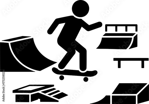 Skateboarding at Skatepark with Ramps and Obstacles Stick Figure Icon