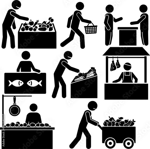 Marketplace and Grocery Shopping Activities Stick Figure Pictograms
