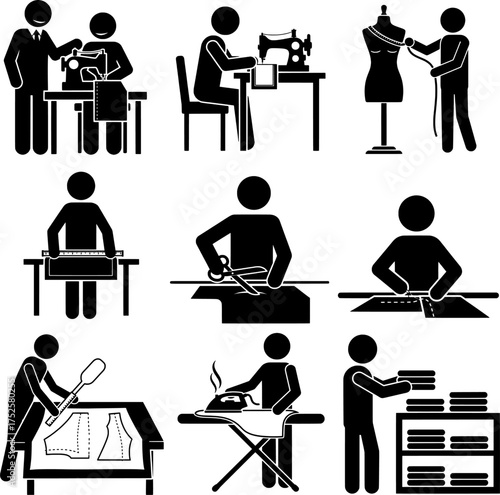 Tailor, Seamstress, and Dressmaking Process Stick Figure Pictograms Set