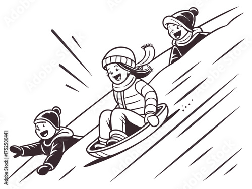 Kids Playing in Snow Line Art