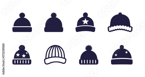 Winter Hat and Beanie Vector Icons with Pom-Poms and Stars. Cold Weather, Christmas, Apparel, Winter Activities.