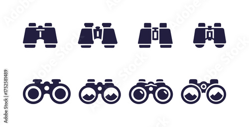 Binoculars Vector Icons Set (Solid & Outline). Observation, Travel, Science, Exploration, Wildlife Viewing.