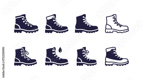 Hiking and Outdoor Boot Vector Icons (Solid & Outline). Travel, Adventure, Sports, Wilderness, Waterproof Gear.
