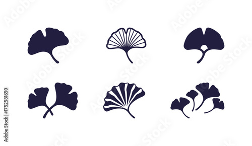 Ginkgo Biloba Leaf Vector Icons (Solid & Detailed Outline). Nature, Traditional Medicine, Plants, Asian Culture.