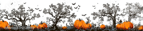 Spooky Halloween scene featuring vibrant orange pumpkins surrounded by eerie trees and flying bats, creating festive yet haunting atmosphere