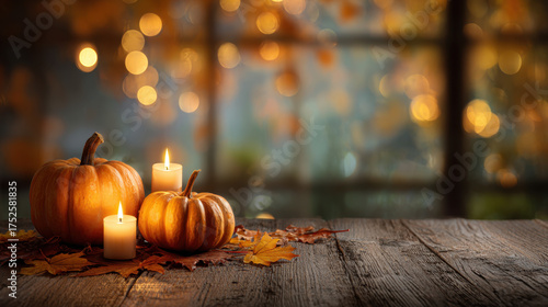 Warm and inviting scene featuring pumpkins with candles on rustic wooden table, surrounded by autumn leaves. soft glow of candles creates cozy atmosphere, perfect for Halloween celebrations