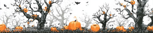 Spooky Halloween scene featuring vibrant orange pumpkins surrounded by eerie, twisted trees and flying bats, creating haunting atmosphere perfect for season