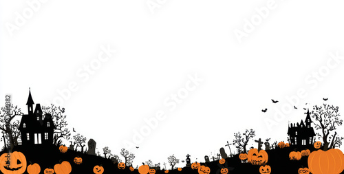 Spooky Halloween themed vector background featuring pumpkins, haunted houses, and eerie trees, perfect for festive decorations and celebrations