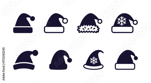 Santa Hat Vector Icon Set (Solid Style) with Pom-Poms and Snowflakes. Christmas, Winter Holidays, Festive Apparel.