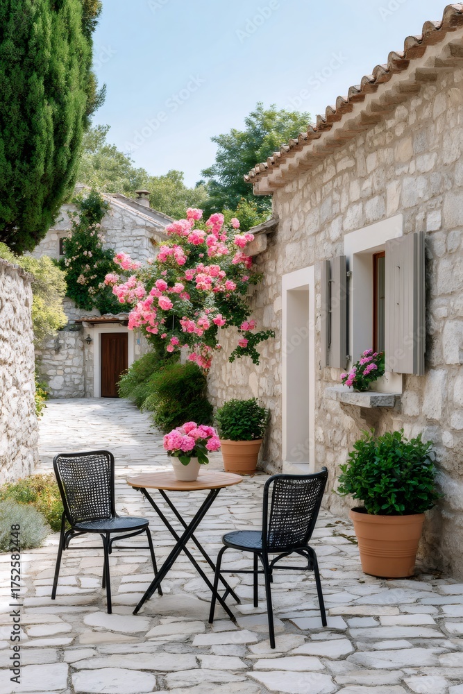 Fototapeta premium Bistro set charming stone house patio with flowers