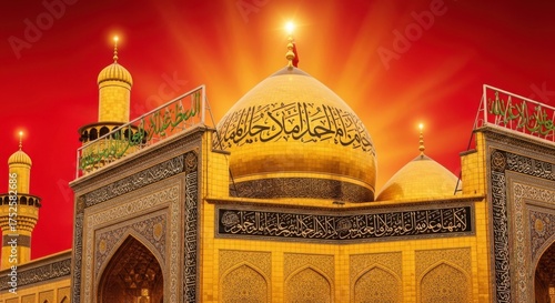 Magnificent Golden Dome Sacred Shrine Ornate Islamic Architecture Illuminated by Radiant Sunset Light