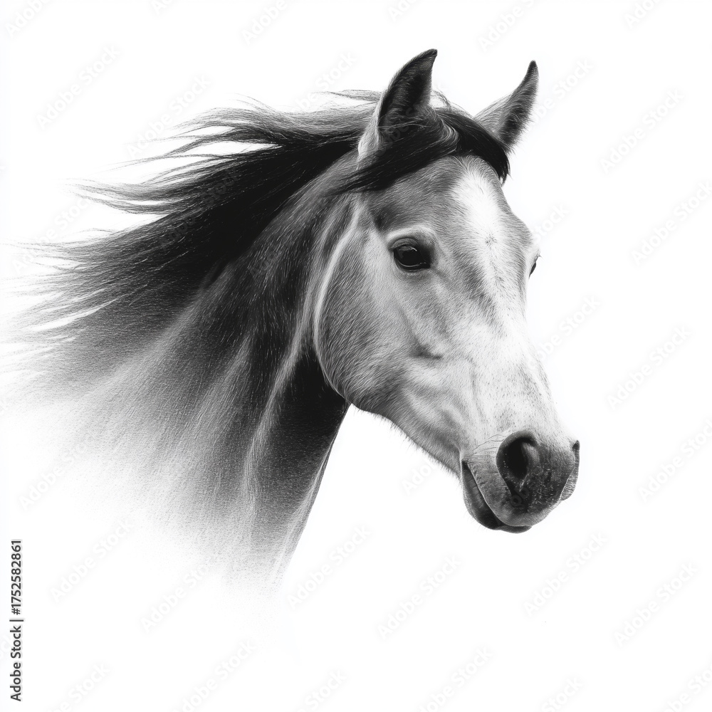 Obraz premium Portrait of a horse with a flowing mane, isolated on a white background