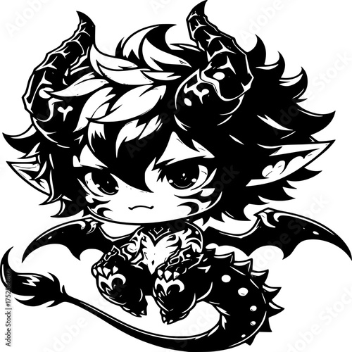Mystical Demon Illustration: A captivating black and white illustration depicts a charming demon character, embodying both adorable and fearsome qualities with intricate detail.