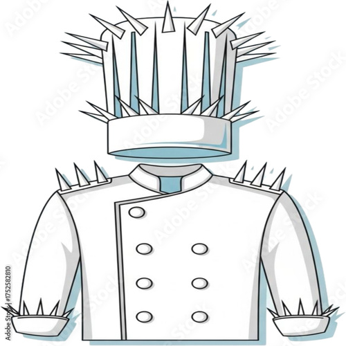Culinary Rebellion: A chef's uniform adorned with imposing spikes, symbolizing a bold and unconventional approach to cooking.