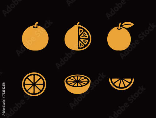 Minimalist Orange and Citrus Fruit Vector Icons (Solid & Outline). Food, Health, Juice, Vitamin C, Culinary Menus.
