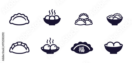 Dark Blue/White Chinese Dumplings (Jiaozi) and Tangyuan Icons. Steaming Bowls, Traditional Detailing. Asian Cuisine, Holiday Treats, Solid/Linear.