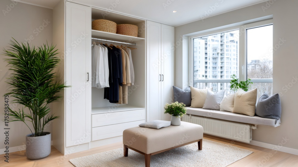Fototapeta premium Modern bedroom interior featuring closet and window seat