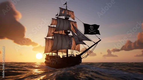 Majestic Pirate Ship Sails Across Dynamic Ocean at Golden Sunset