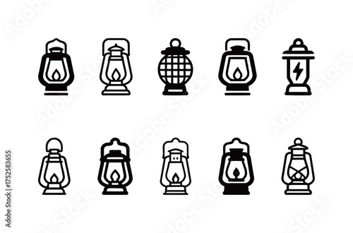 Black/White Classic Lantern Icons Set (Camping, Kerosene, Electric). Light, Illumination, Camping Gear, Emergency Equipment, Vintage Technology. Solid/Line Art.