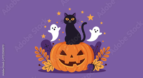 Cute Black Cat Inside Pumpkin – Flat Halloween Illustration