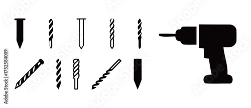 Black/White Power Tools and Fasteners Icons: Cordless Drill, Bits, Nails. Construction, DIY, Hardware Tools, Home Repair. Solid & Line Art.