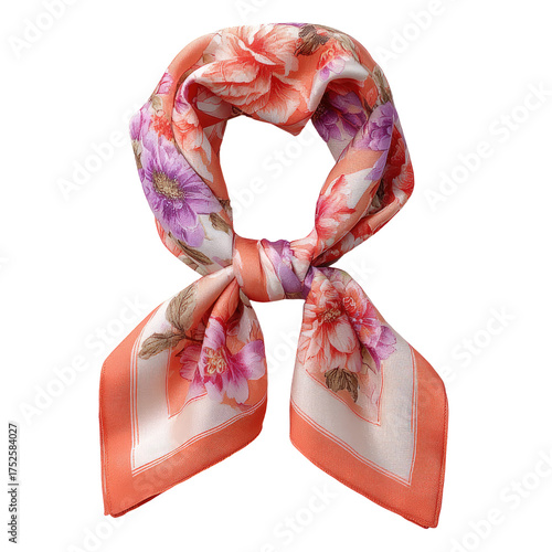 Floral silk scarf, peach, pink, purple, tied elegantly