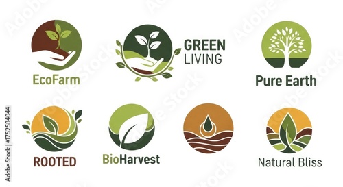 Eco farm green living pure earth rooted bio harvest natural bliss organic agriculture logo designs set vector