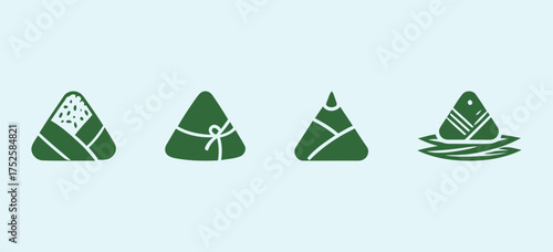 Vibrant Green Zongzi (Chinese Sticky Rice Dumplings) Icons Set (Four Styles). Dragon Boat Festival, Traditional Chinese Food, Asian Holiday Treats. Solid Vector.