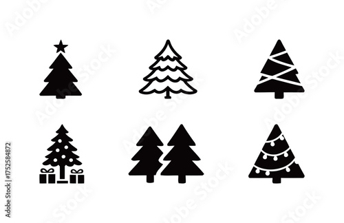 Black/White Abstract Christmas Tree Icons (Decorated, Stars, Presents). Winter Holidays, Festive Decor, Seasonal Celebration, Evergreen Trees. Solid/Line Art.