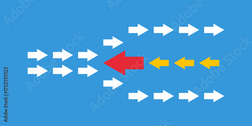one big red and many following arrows towards many white small arrows, leadership innovations concept, divided flow illustration, against the current