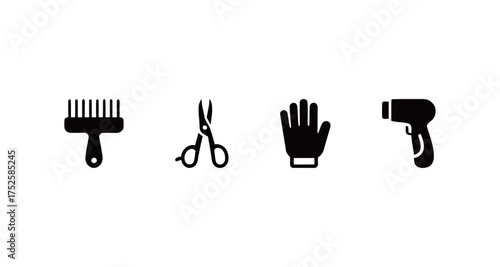 Professional Hair Salon and Barbershop Grooming Tools Solid Icons Set Featuring Scissors, Brush, Protective Glove, and Contactless Thermometer for Health and Beauty