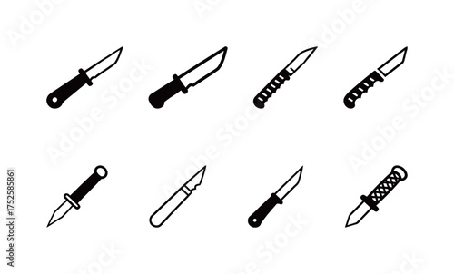 Collection of Survival and Utility Knife Icons Set in Solid and Outline Styles, Including Combat, Hunting, and Tactical Blades for Outdoor and Military Graphic Resources