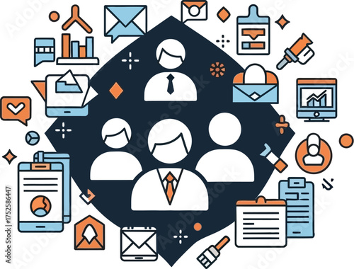 Illustration of business team surrounded by icons representing communication and data analysis