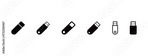 Simple USB Flash Drive and Portable Memory Stick Icons Set in Solid Black Silhouette and Outline Styles for Data Storage, Technology, and Digital Transfer Graphic Resources