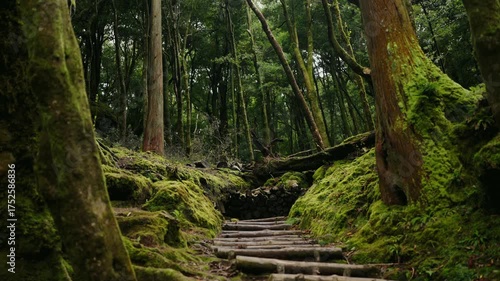 A tranquil forest scene featuring a pathway with wooden steps surrounded by lush, moss-covered trees. Ideal for serene, nature-themed projects. Scenic view on moss-grown forest and log steps