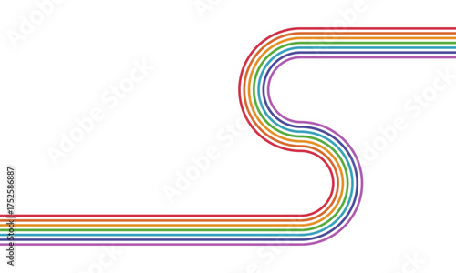 7 rainbow curved parallel lines on white background, meditation zen garden top view or life balance vector illustration, river stream abstract