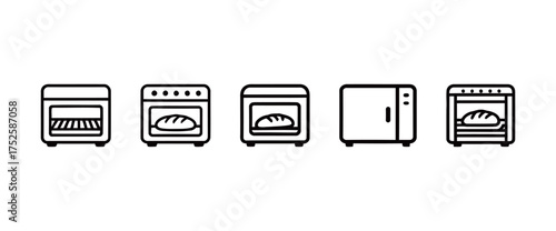 Various Toaster Oven and Microwave Appliance Icons Set in Outline Style, Featuring Baking Bread and Different Oven Door Designs for Kitchen and Home Electronics Graphics