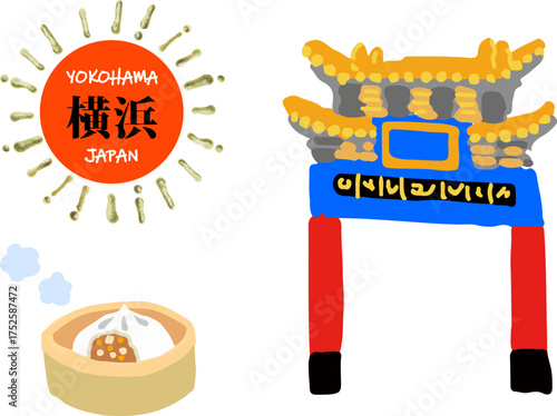 横浜中華街の門と肉まんの手描きアイコンセット