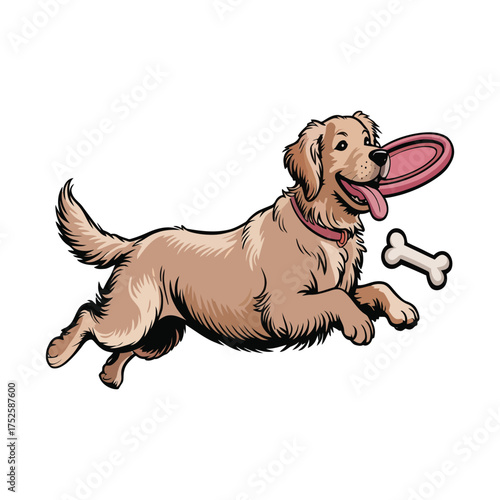 Playful Canine Fetch: A Golden Retriever joyfully leaps through the air, his tongue lolling out as he catches a flying disc, alongside a bone