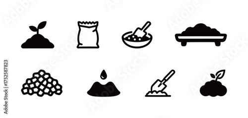 Set of Black Icons for Planting and Gardening Materials, Soil, Seeds, Fertilizer, and Shovel