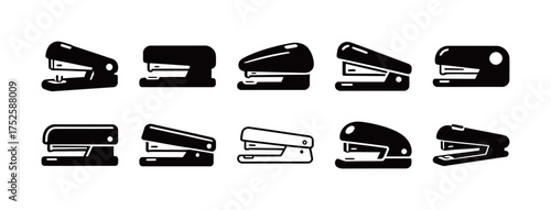 Set of Black Stapler Icons, Office and Stationery Equipment Vector Symbols