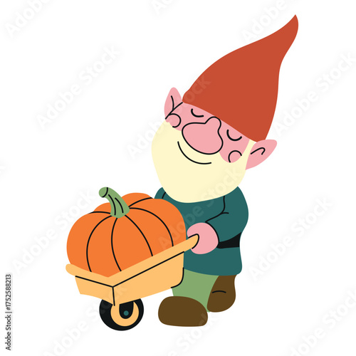 Garden Gnome hand drawn with pumpkin in a garden wheelbarrow icon clipart avatar logotype isolated illustration