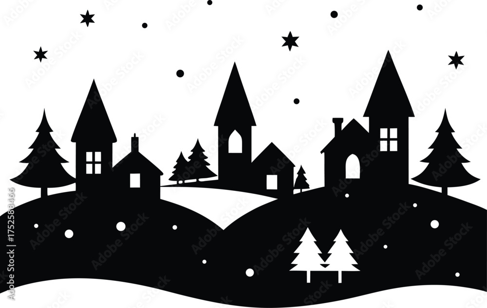 Fototapeta premium Christmas Winter Town Silhouette at Dusk, Silhouette of a Festive Winter Village at Sunset