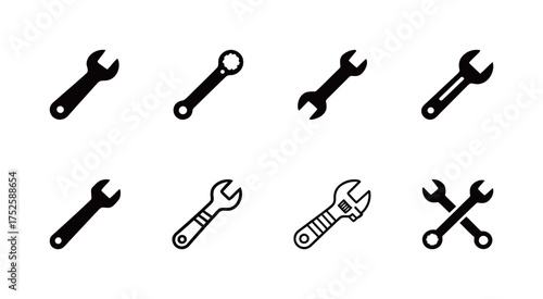Wrench and spanner tool icons set in solid and line style for industrial and repair applications