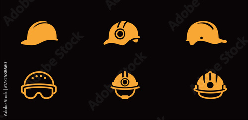 Construction and mining safety hard hats icons set in orange color on black background