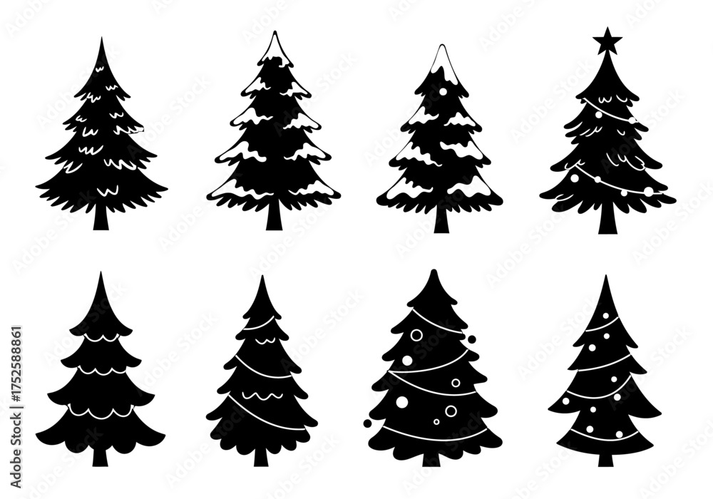 Obraz premium Christmas tree silhouettes set isolated on white background vector illustration